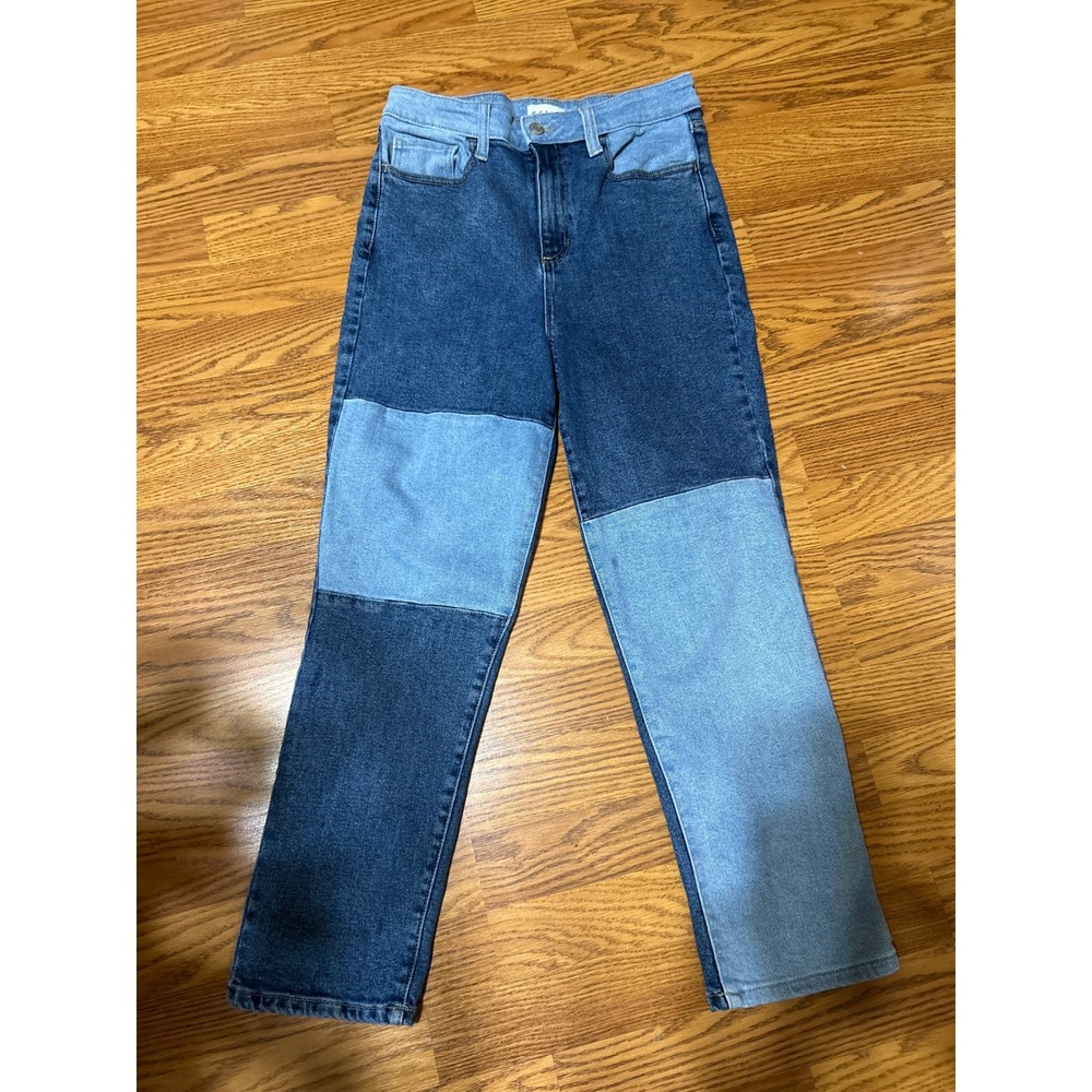 Cello Blue Patchwork High Rise Straight Leg Jeans Multi Tone Size 7 AB78348S-M